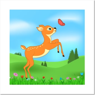 Baby deer and butterfly Posters and Art